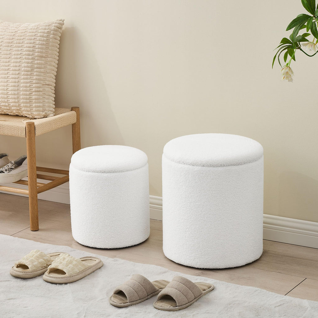 Round Set of 2 Ottoman with Storage, Boucle Storage Ottoman Foot Stool