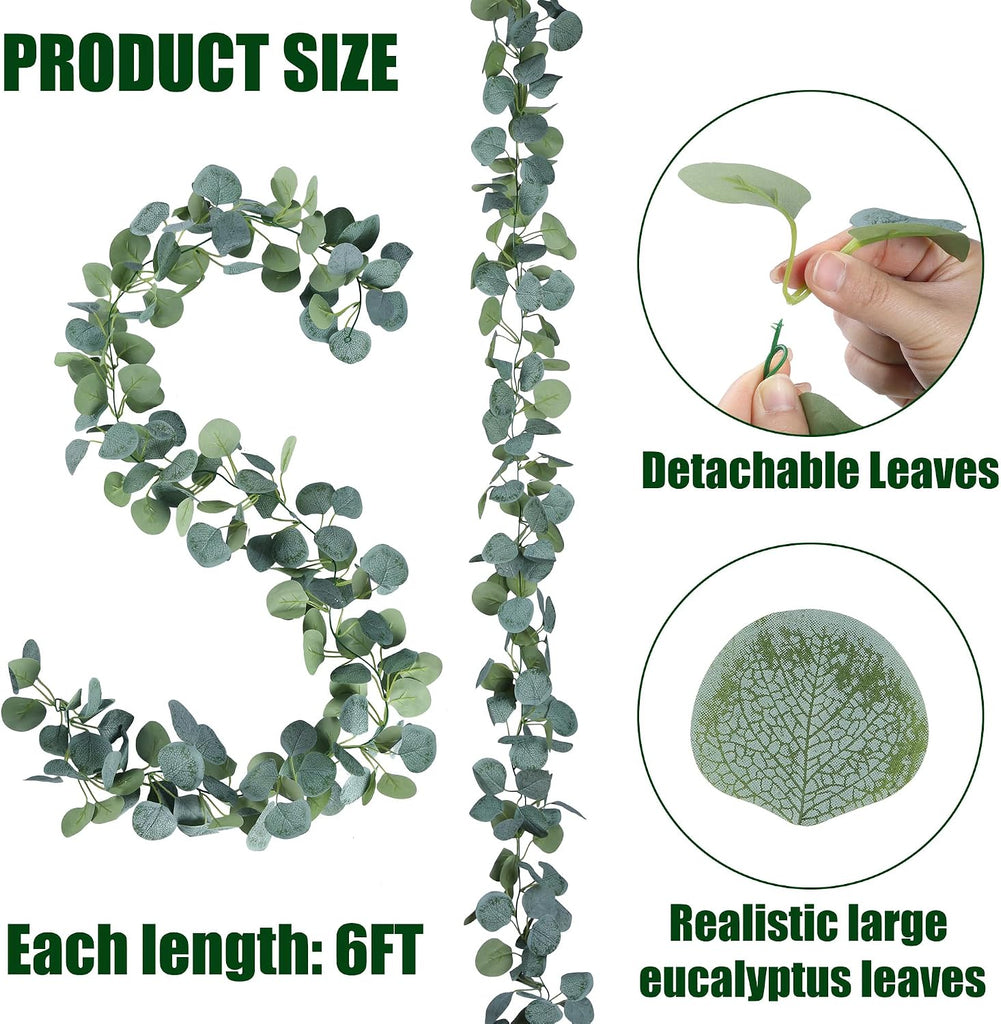 Artificial Eucalyptus Garland Greenery Leaves Handmade 3D Silk Vines Silver Dollar Leaves Faux Leaf Plants - Set of 2
