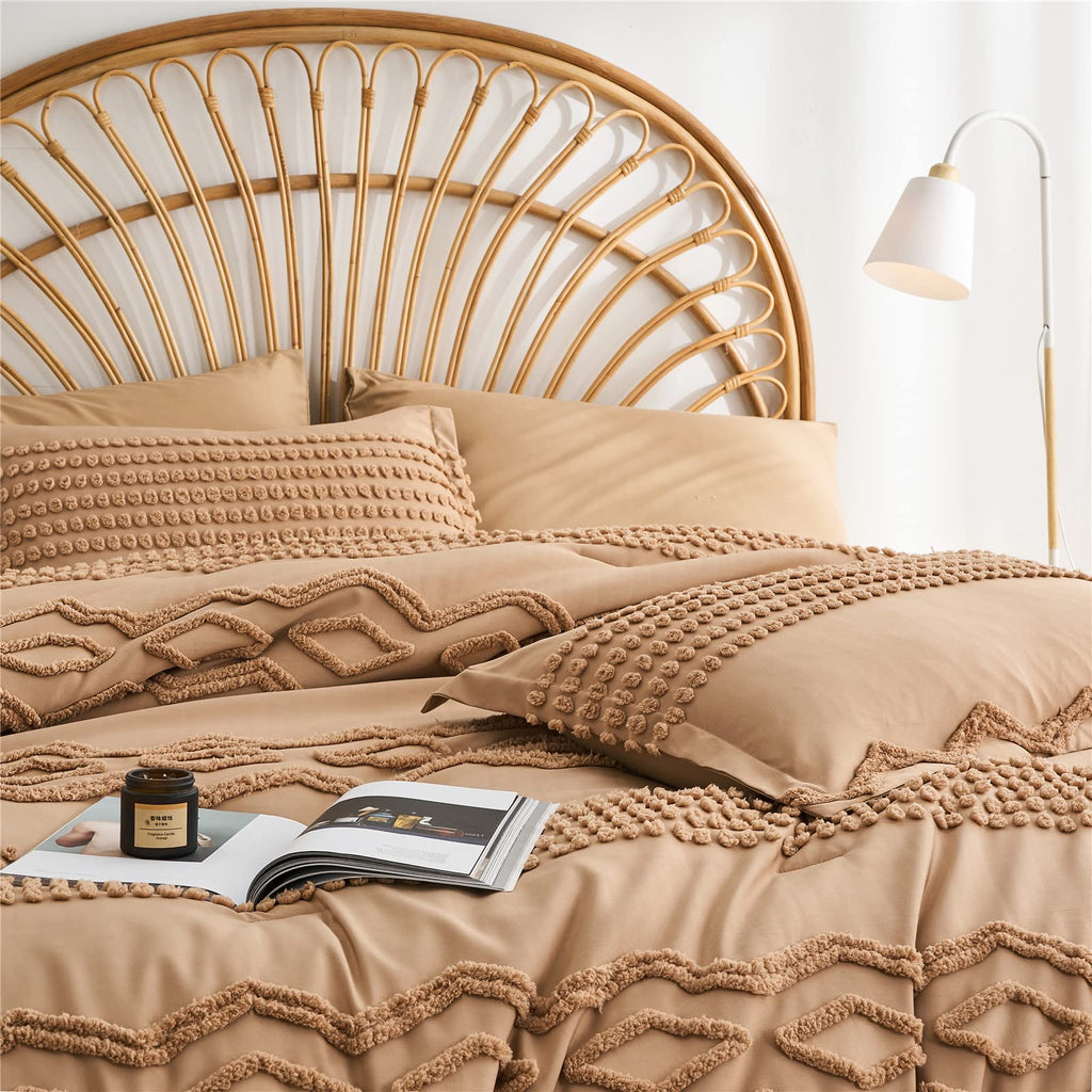 Tufted Boho Comforter Set, 7 Piece Bed in a Bag, Tan