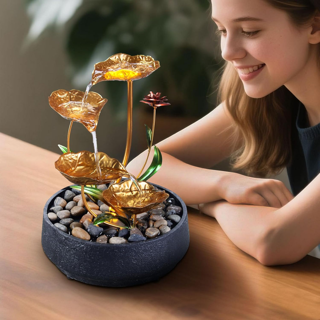Tabletop Fountain Metal Lotus Circulating Fountain Water Feature for Zen Home Decor Warm Yellow Scene Light(23034)