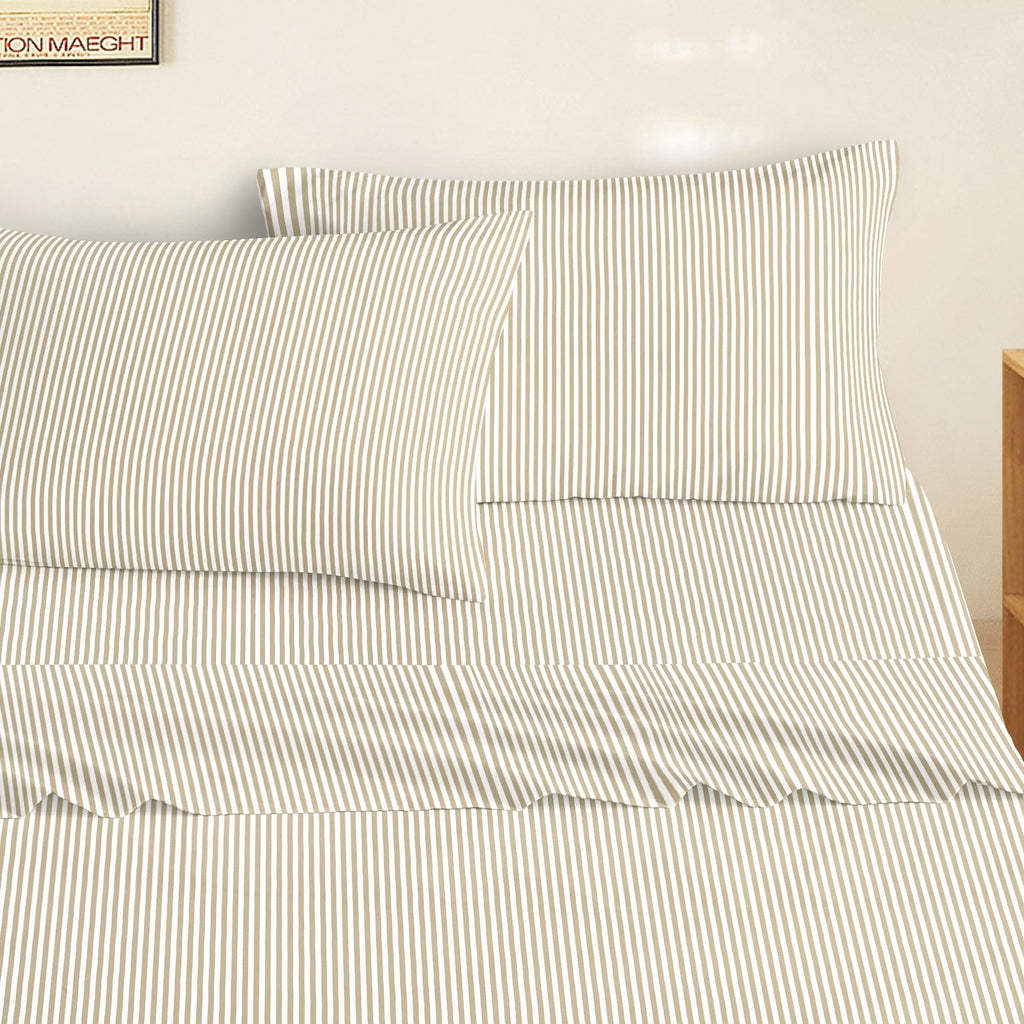 Striped Bed Sheets, 4-Piece Sheet Set, Ticking Vertical Pin Stripe Modern Farmhouse Pattern Printed Bedding, Deep