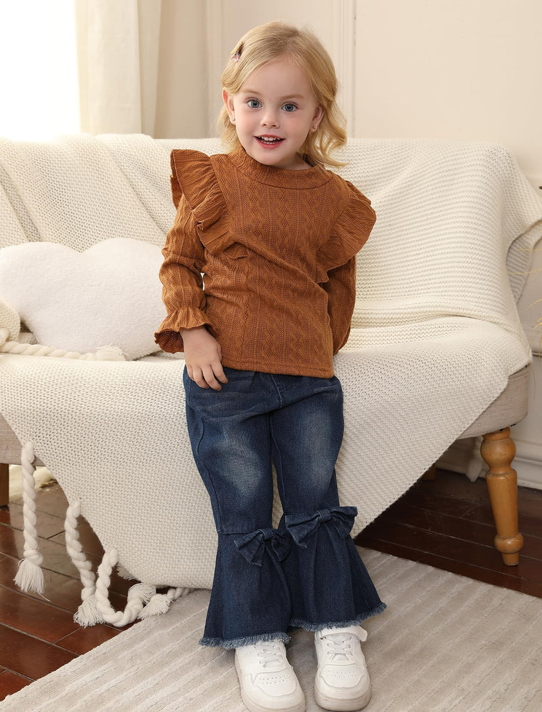 Toddler Girl Clothes Long Sleeve Ruffle Top Flare Jeans Pants Set