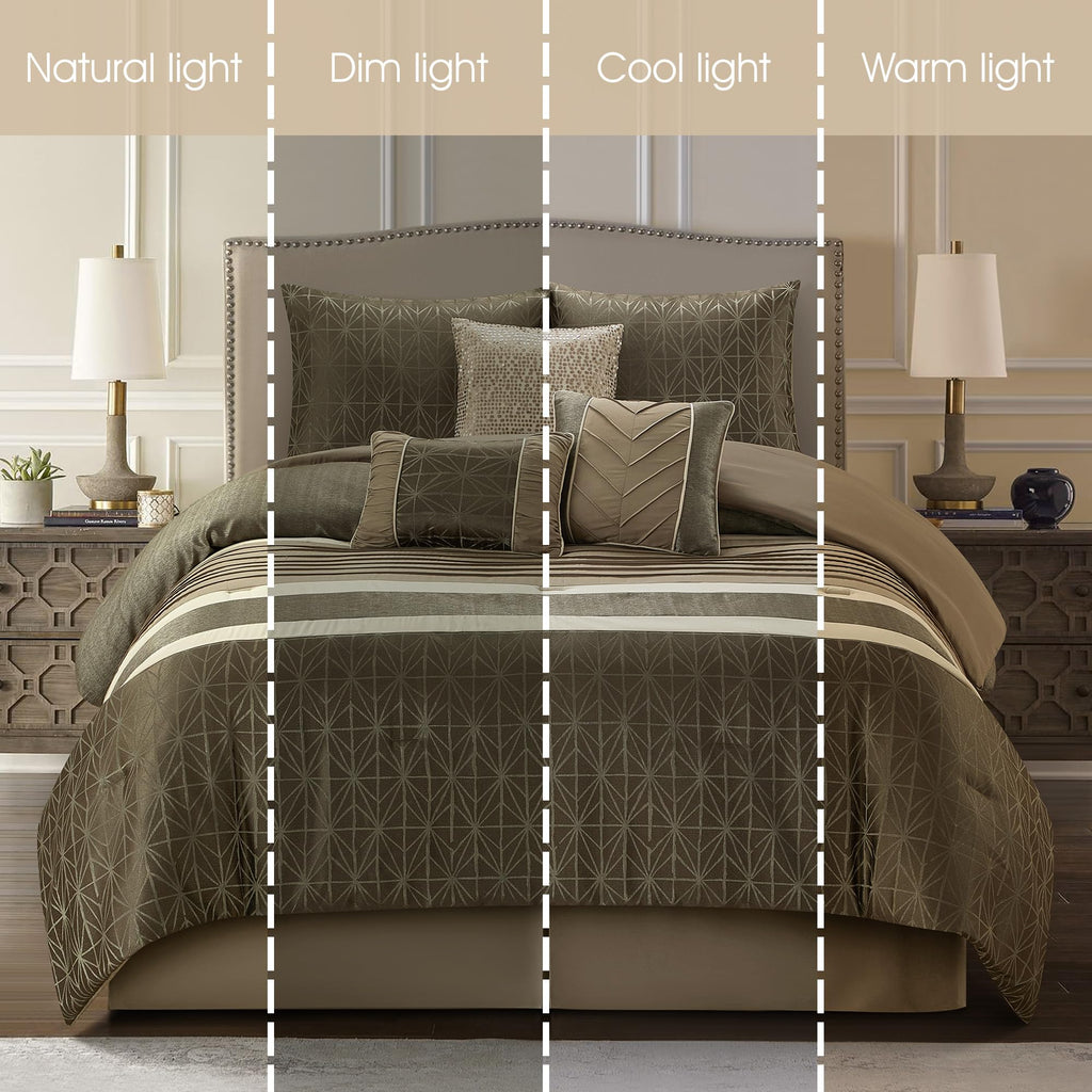Taupe Comforter Set King Size, Geometric Bedding Set, Jacquard with Matching Solid Piecework, Bedskirt, Pillows &