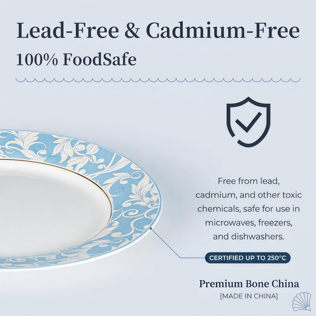 Bone China Dinnerware Set for 4, 12 Pcs White Plates and Bowls, Blue Rim