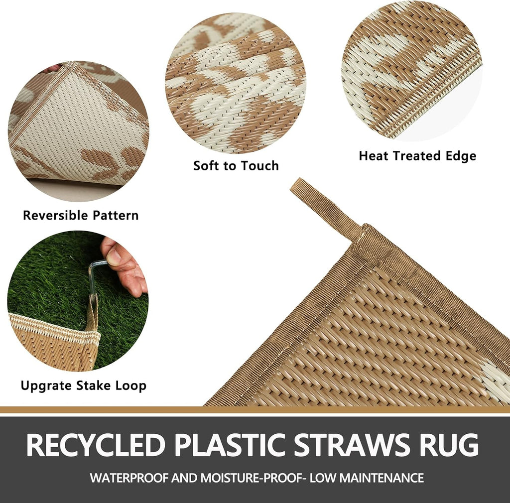 Outdoor Rug 8x10 Patio Waterproof Boho Floral Plastic Straw Rug Large Foldable Vintage Outside Carpet with Carry Bag