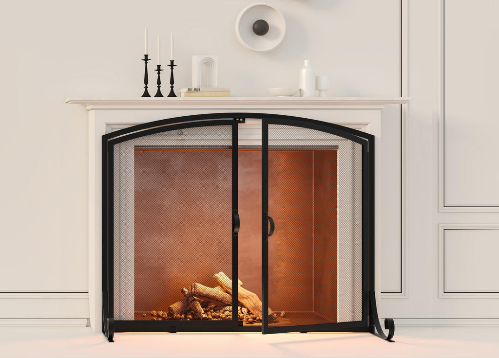 Fireplace Screen with Doors, 35" W x 28" H, Heavy Duty Solid Steel Frame, Wrought Iron Spark Guard, Baby Proof