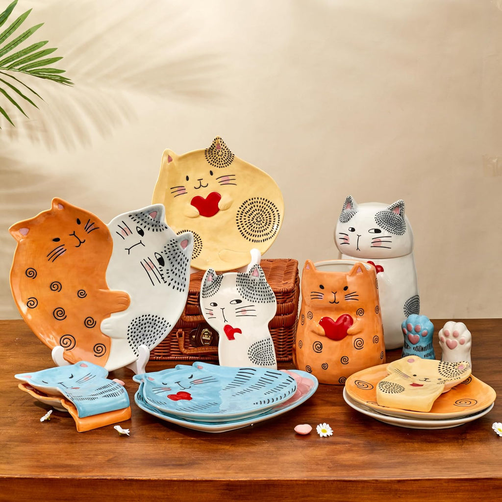 Cartoon Cat Handpainted Stoneware Air Tight White 10.2 inch Cookie Jar, Dishwasher Safe, for storing Cookie, Candy