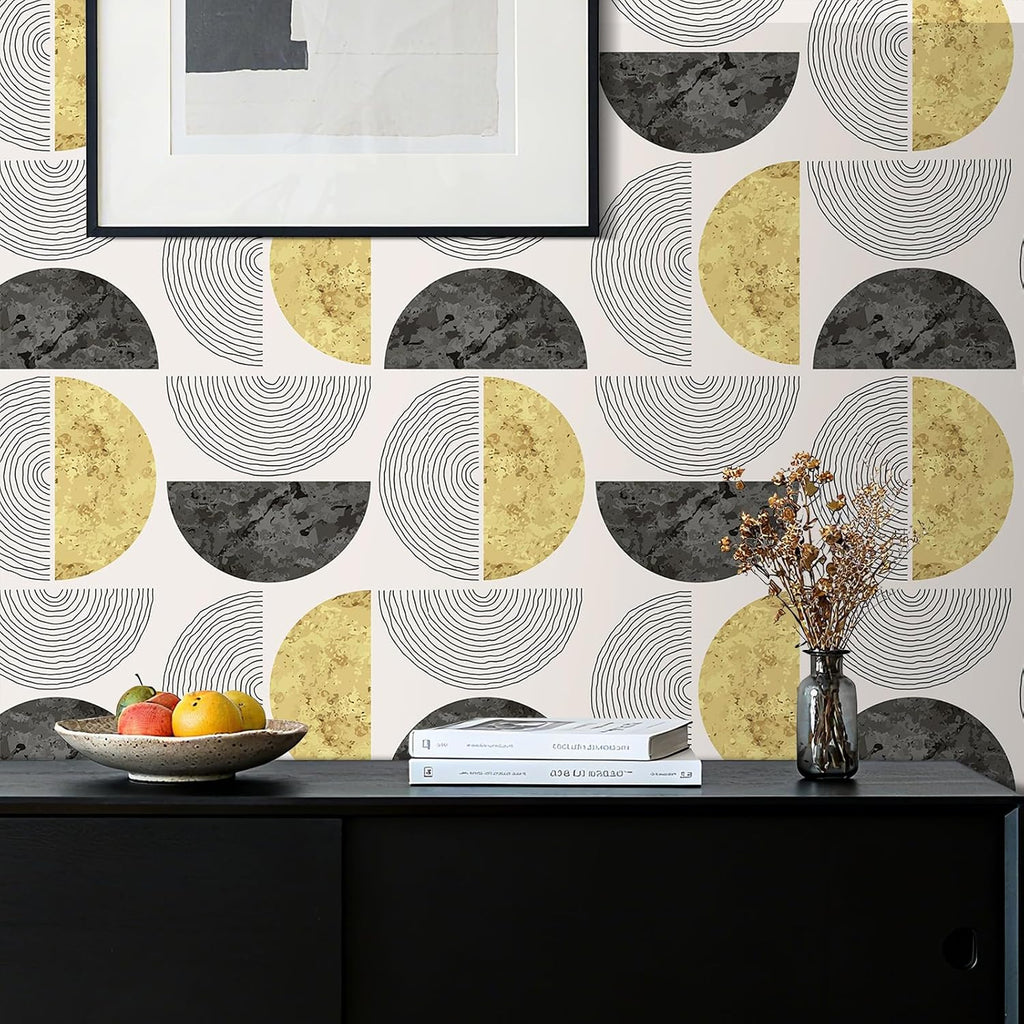 17.5"x275" Mid Century Modern Geometric Peel and Stick Wallpaper Gold Black Half Circle Wallpaper Bedroom Wall Paper