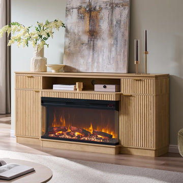 70'' Fireplace TV Stand with Storage, Fluted Media Console, Natural Oak