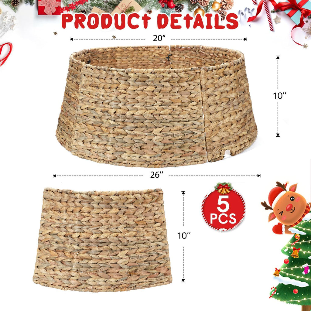 5-Piece Rattan Christmas Tree Collar - 26" Rustic Farmhouse Tree Skirt- Xmas Tree Base Cover for Christmas