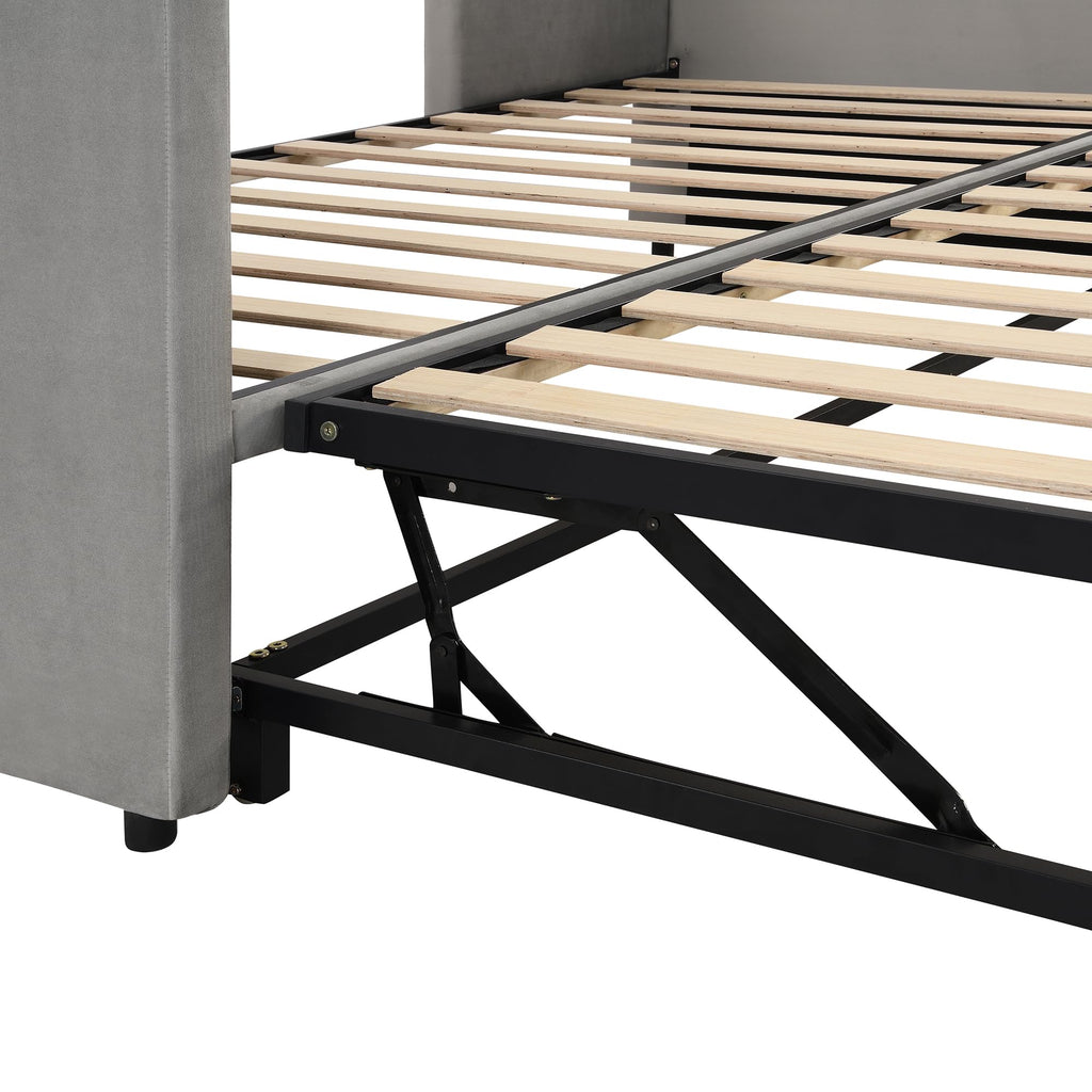 Twin Size Daybed, Upholstered Twin Daybed with Extendable Trundle, Twin Size Daybed Frame, Gray
