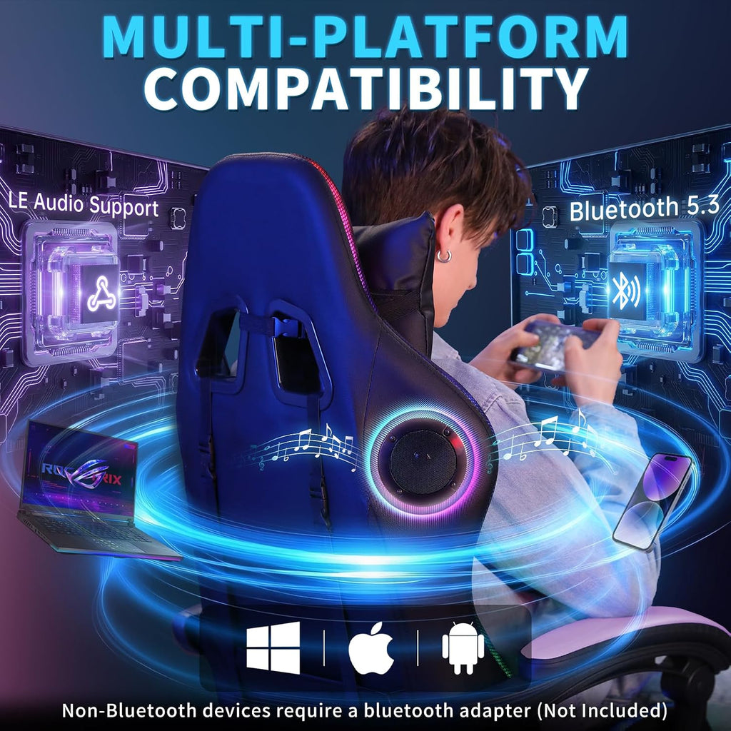 Gaming Chair with Bluetooth Speakers RGB LED Lights Computer Chair-Purple | Ergonomic Massage Game Chair with