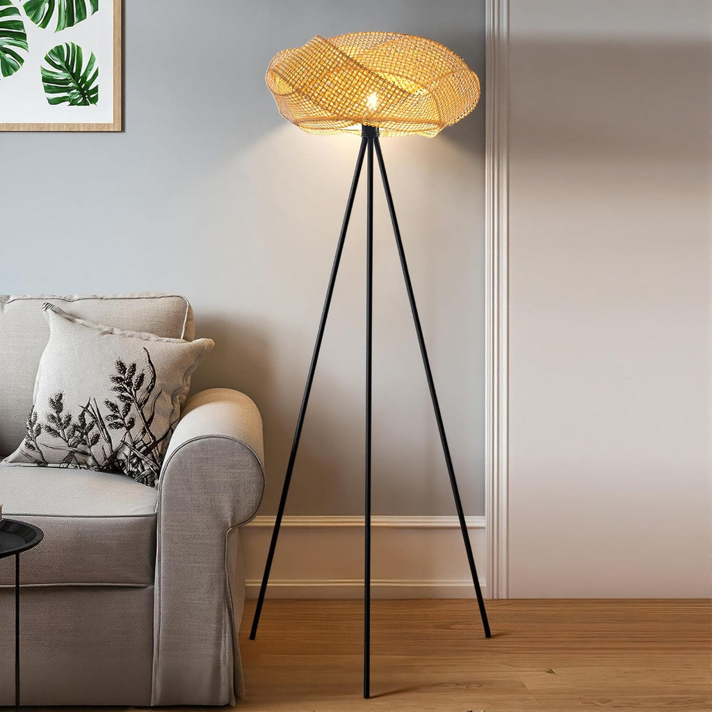 Bamboo Tripod Floor Lamp, Handwoven Lotus Shade Standing Lamp, Boho Natural Woven Light with Black Metal Stand Bedroom