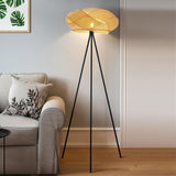 Bamboo Tripod Floor Lamp, Handwoven Lotus Shade Standing Lamp, Boho Natural Woven Light with Black Metal Stand Bedroom
