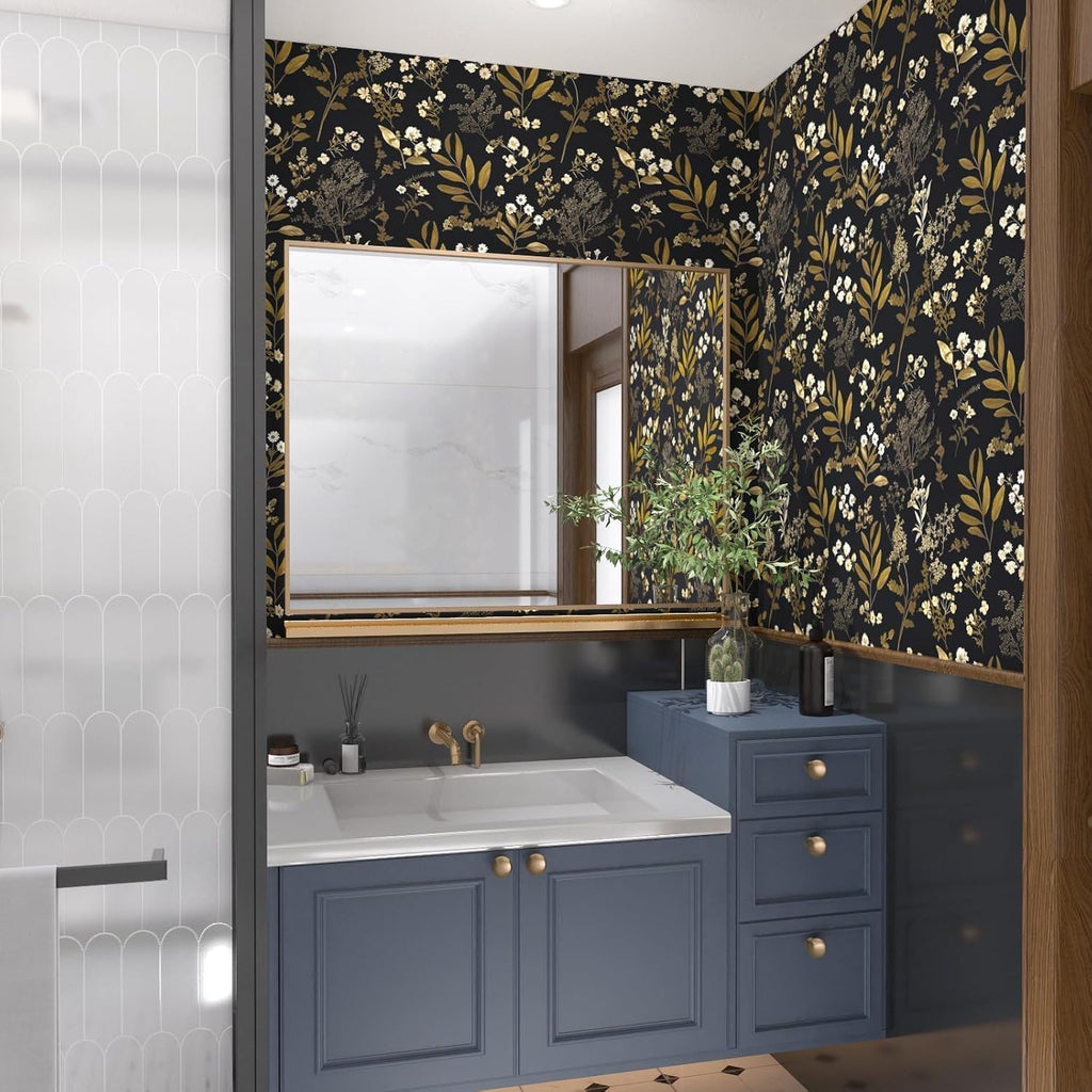 Vintage Floral Peel and Stick Wallpaper 17.5"x 393", Gold Black | Self Adhesive/Removable/Waterproof/Thick Vinyl