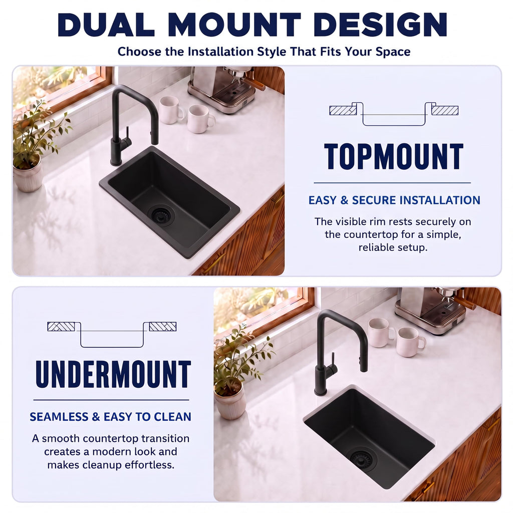 18 Inch Black Quartz Composite Kitchen Sink, Undermount, 10 Inch Deep
