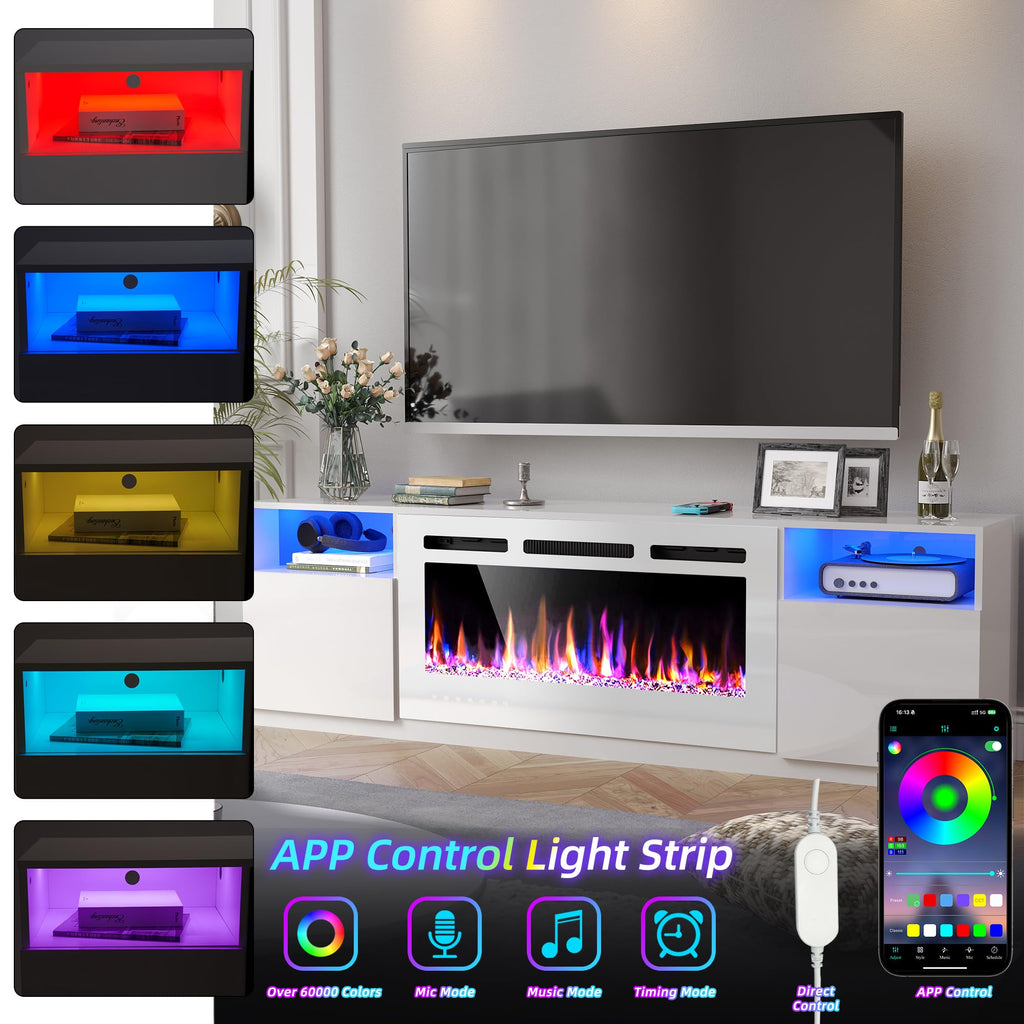 Fireplace TV Stand 70" LED Light Entertainment Center White&White