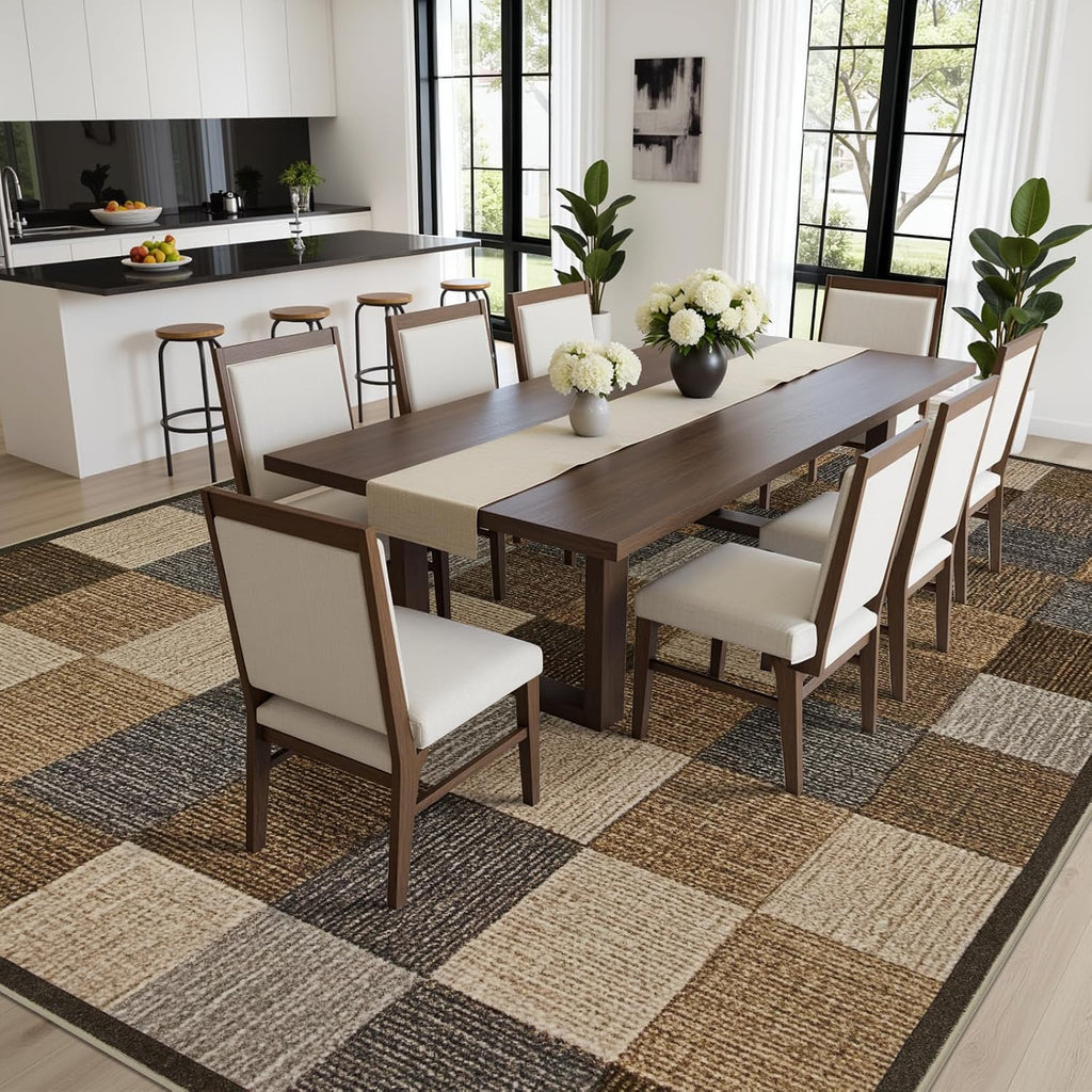 Checkered 8x10 Living Room Area Rugs, Brown Beige Light Gray