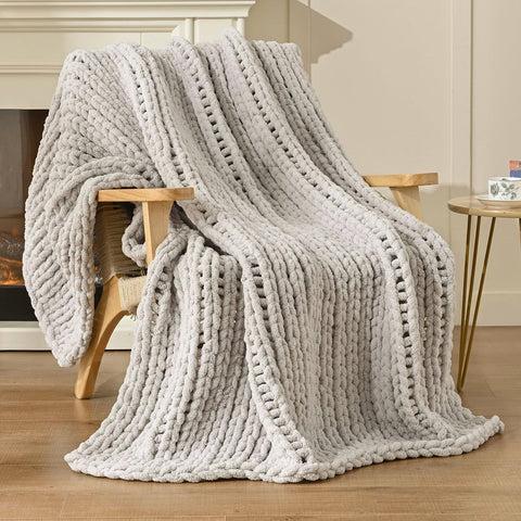 Chunky Knit Blanket Throw 50"x60", 100% Hand Knitted Chenille Throw Blanket, Cozy Soft Thick Cable Knit Throw Large