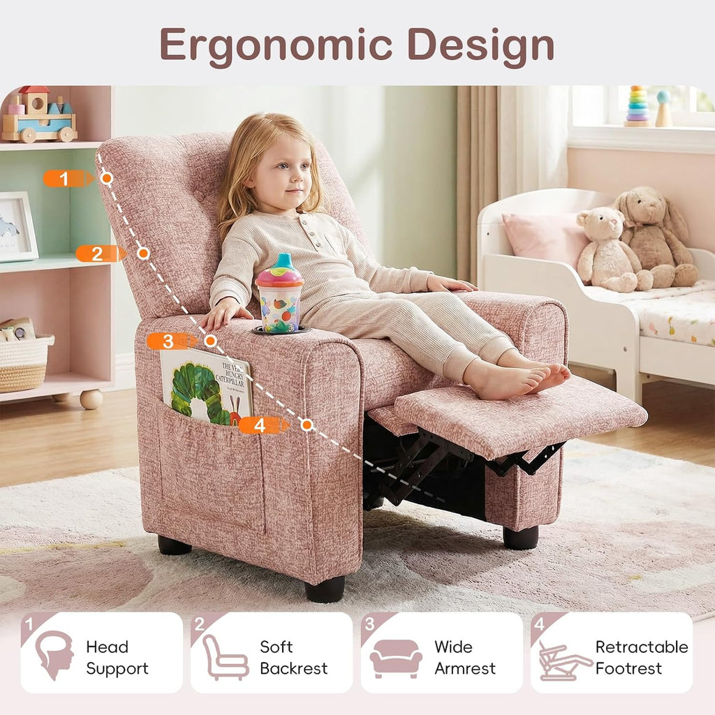 Kids Recliner, Toddler Lounge Chair with Adjustable Backrest Footrest Cup Holder Side Pockets, Velvet Leather Toddler