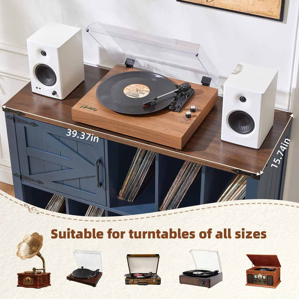 Large Record Player Stand with Vinyl Storage Up to 450 Albums, 39 Inch Farmhouse Wood Navy Blue Vinyl Records Storage