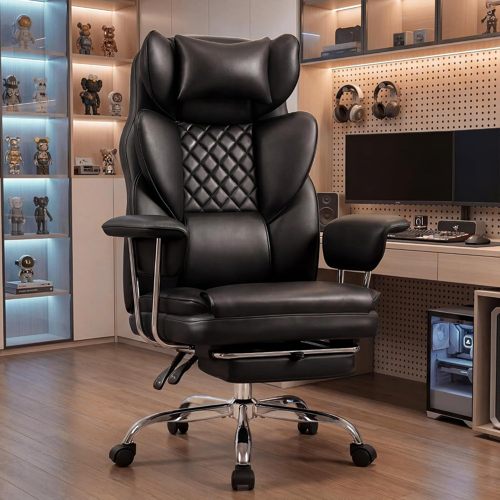 Big & Tall Leather Office Chair, High Back, Lumbar Support, Black | Gaming Chair for Adults and Computer Use