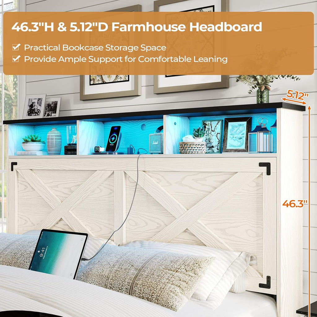Farmhouse Queen Bed Frame with Storage Headboard, Charging Station and LED Lights Wood Platform Bed Frame Queen with