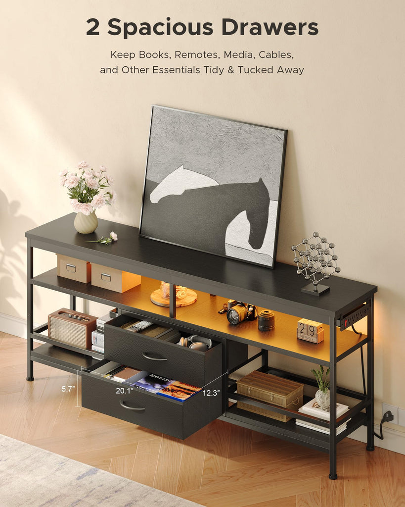 63in TV Stand for 55-75in TVs, LED Lights, Charging Station, Black