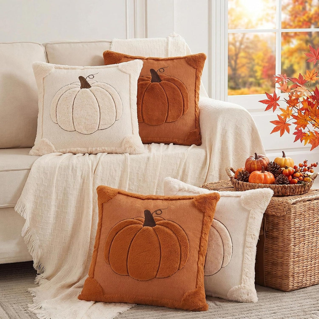 Fall Throw Pillow Covers 18x18 Double-Sided Beige Pumpkin Plush - Set of 2