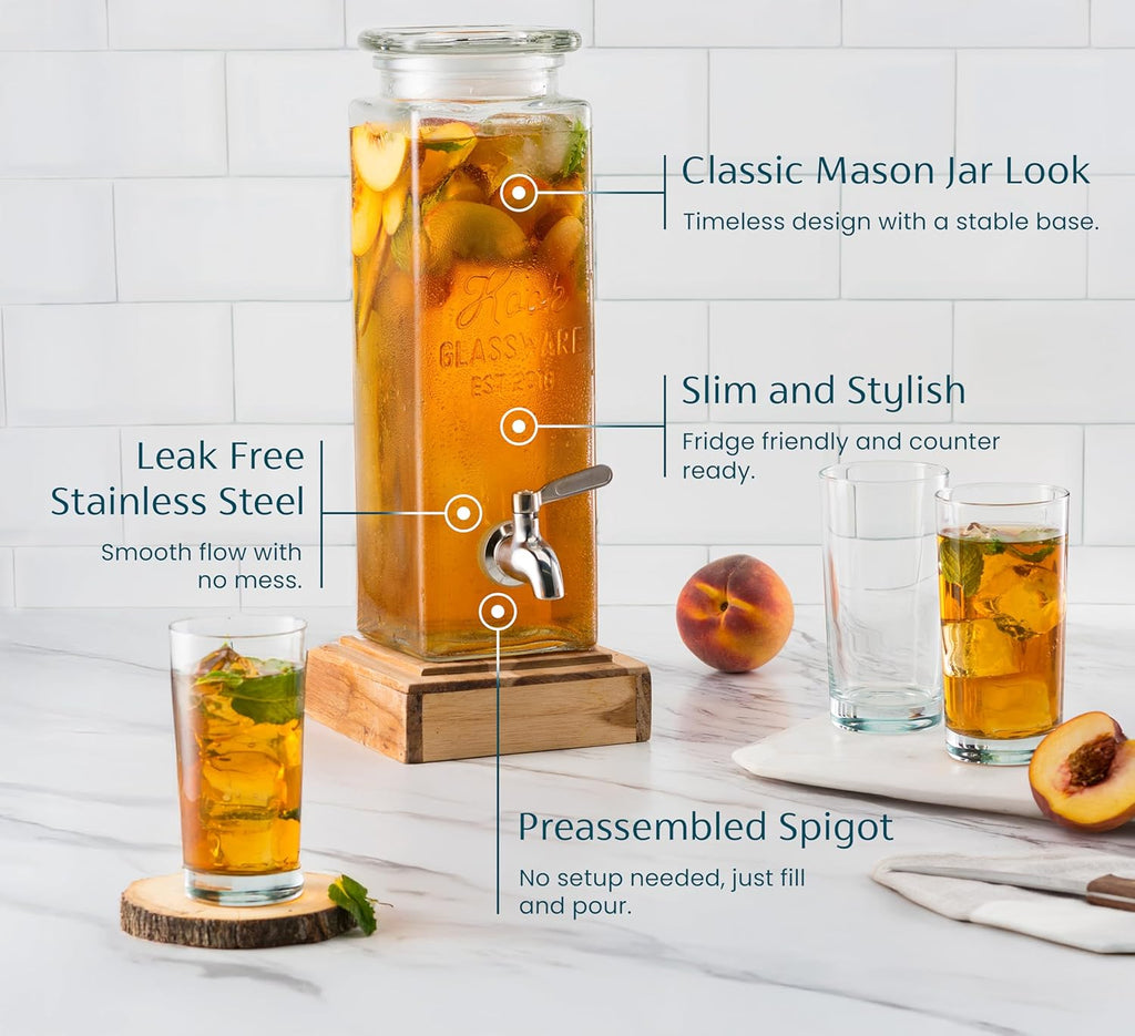 Glass Drink Dispenser, with Leak-Proof Stainless Steel Spigot, Clear Rectangular Mason Jar, Beverage Storage