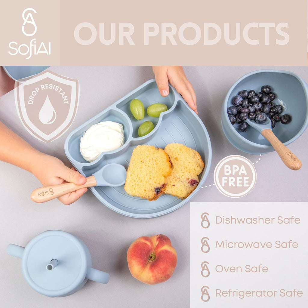 BPA-Free Non-Toxic Silicone Baby Feeding Set - Suction Plate, Bowl, Bib & Cup - Piece Baby Led Weaning Set
