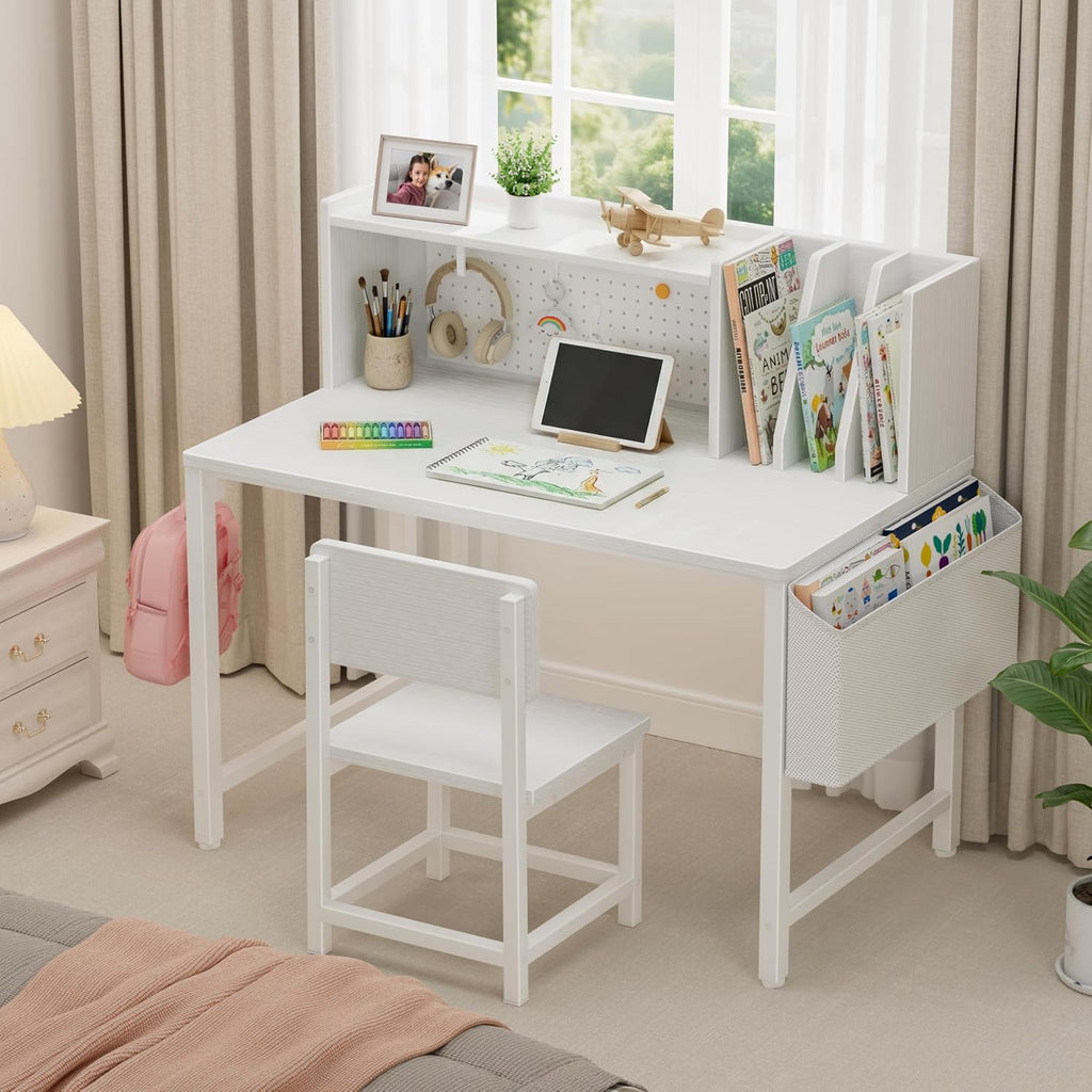 Kids Desk and Chair Set for 6-12 Year Old, Children Study Desk with Hutch and Pegboard, Student Writing Table
