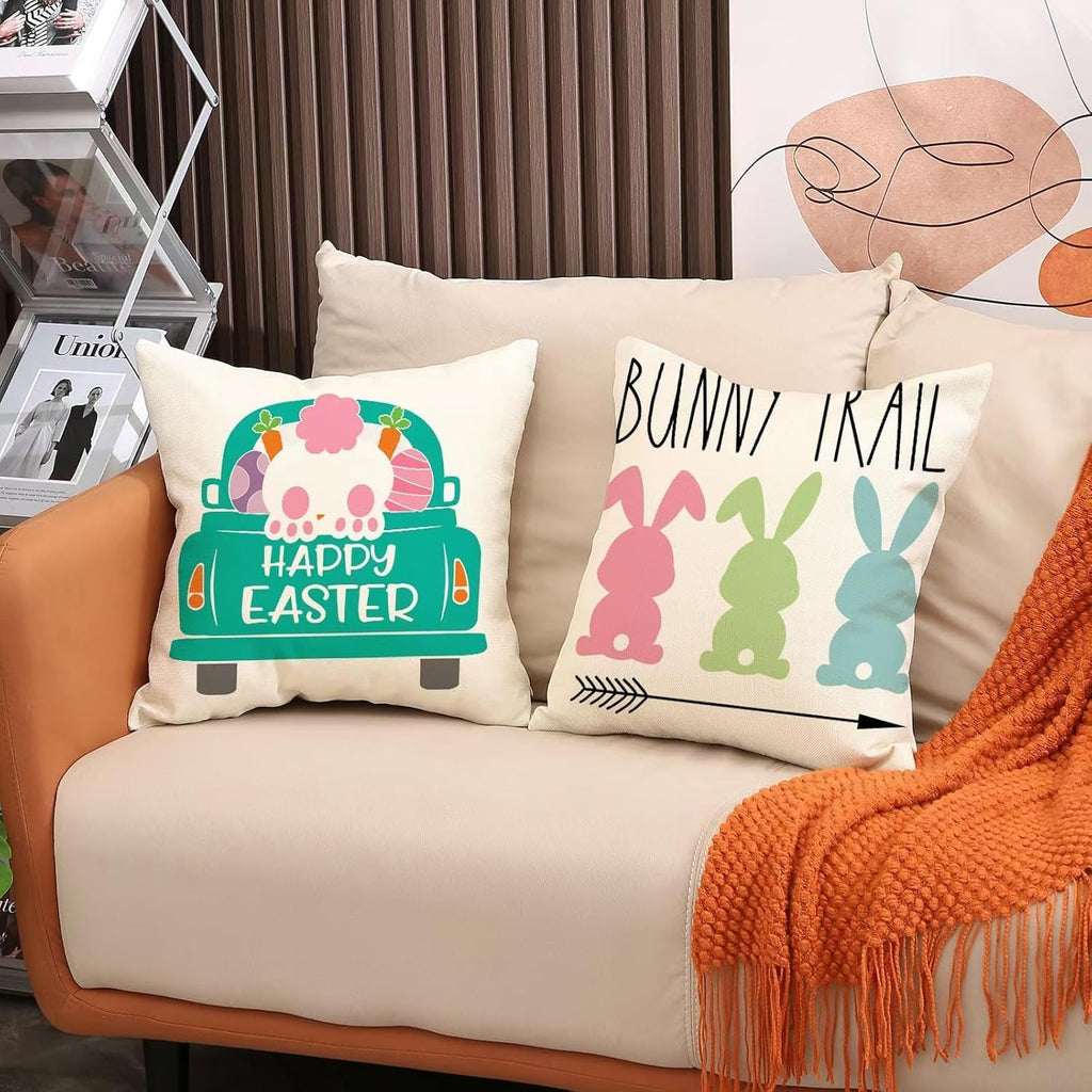 Easter Decor-Throw Pillow Covers 20x20in,Spring Linen Pillow Case with Bunny and Egg for Large Couch Sofa - Set of 4