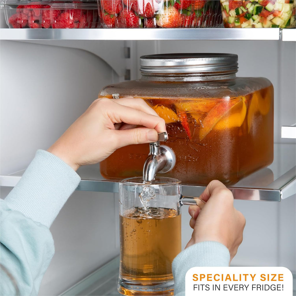 Glass Drink Dispenser for Fridge - Stainless Steel Spigot Mason Jar Dispenser with Wide Opening & Easy-Fill