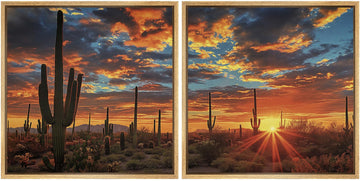 Framed Canvas Print Wall Art Set Desert Sunset Cactus Artwork, Dramatic Sky Southwest Landscape Illustrations Modern