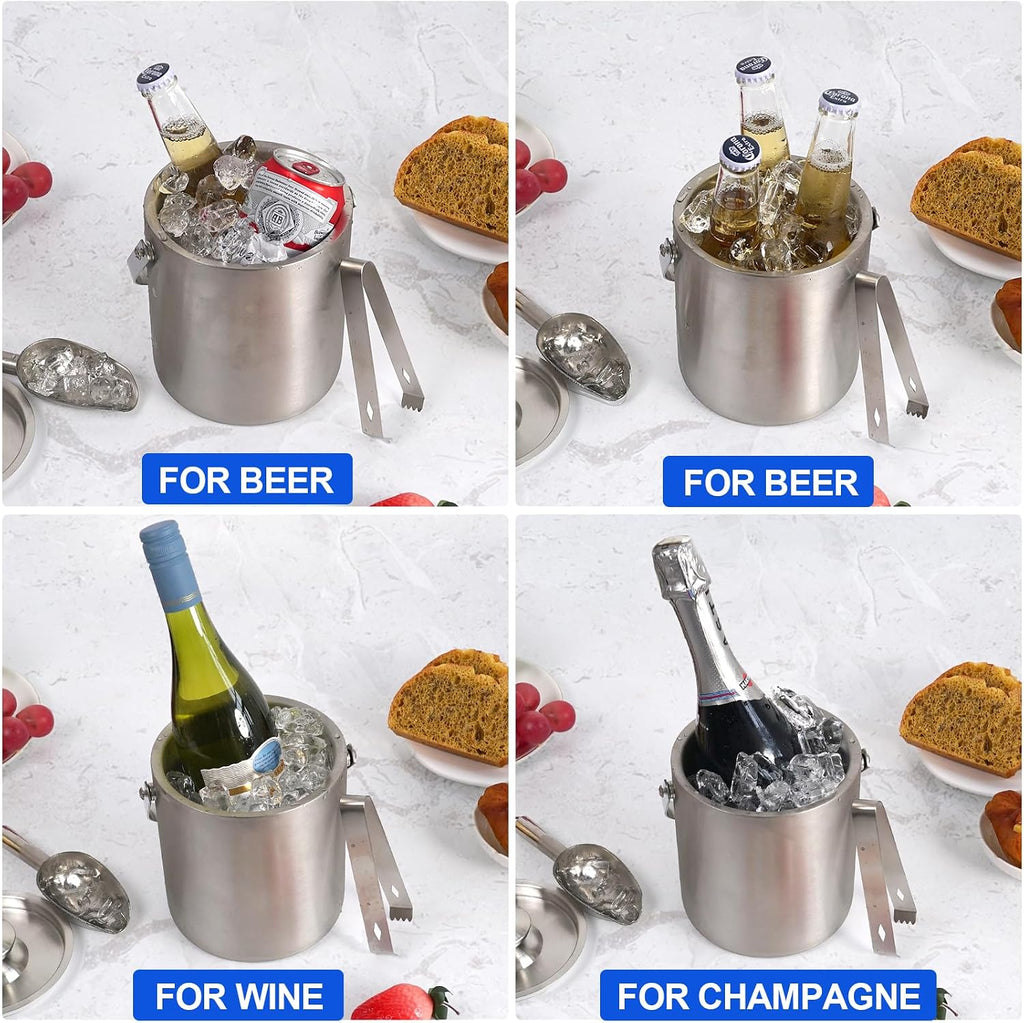 Ice Bucket with Lid & Tong- Well Made Insulated Stainless Steel Keep Ice Frozen Longer