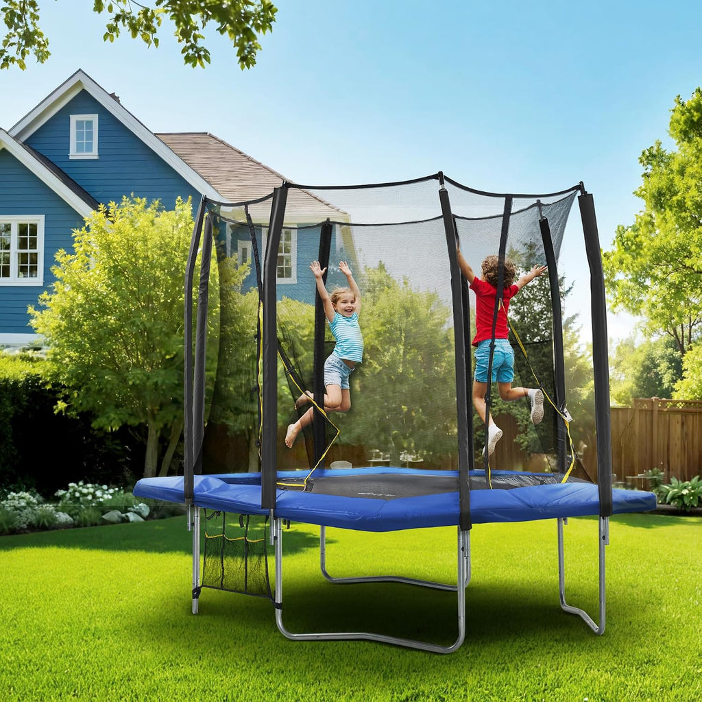 7X10 8X12 Foot Rectangle Trampoline for Kids, Double Enclosure Openings, Small Outdoor Rectangular Trampoline with
