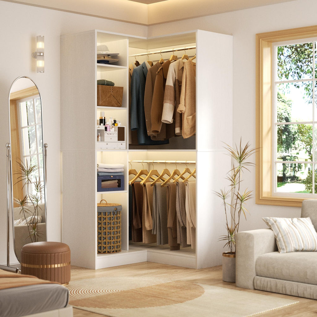 Corner Closet System with Shelves, 36'' Closet Organizer System with 2 Hanging Rods, Freestanding Walk-in L Shaped
