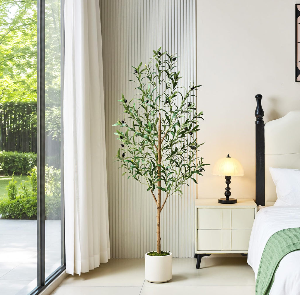 Artificial Olive Tree 5FT - Lifelike Faux Plants Indoor, Modern Fake Trees with Silk Leaves & White Planter, Fake