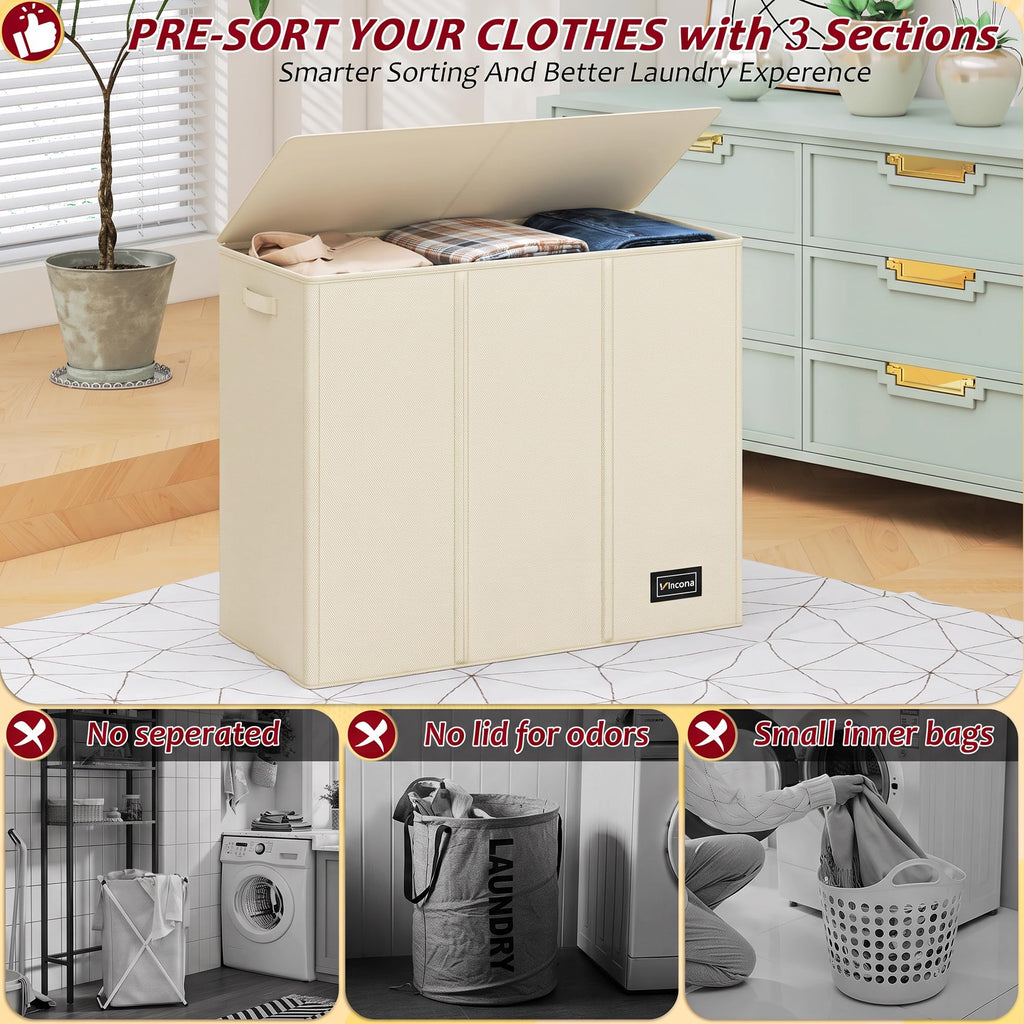175L Laundry Hamper 3 Section,Large Laundry Hamper with Lid,Dirty Clothes Hamper with 3 Inner Bags,Collapsible