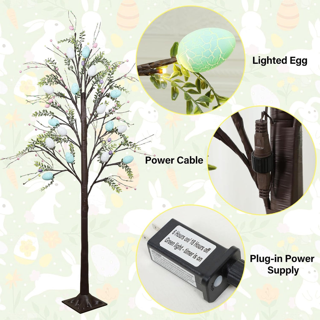 5FT Lighted Easter Tree with Timer, Easter Decorations & Porch, Pre-Lit Egg Trees with LED Lights & Colorful Eggs