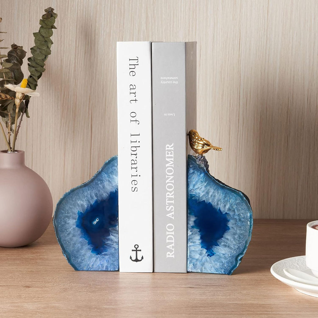 Blue Agate Bookends for Shelves, Geode Crystal Book Ends for Heavy Books, Stone Decor with Rubber Bumpers 1 Pair