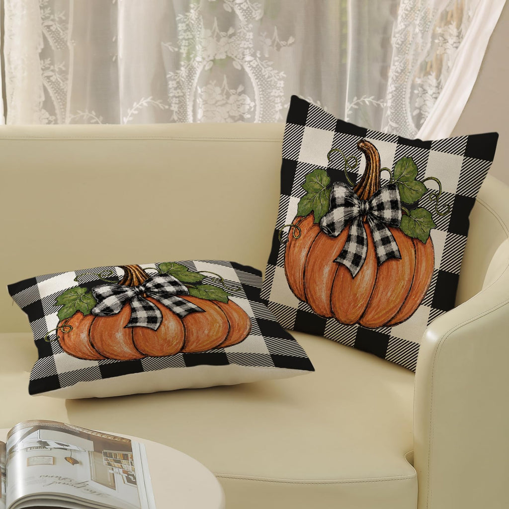 Fall Orange Pumpkin Buffalo Plaid Pillow Covers 20x20 Set of 2