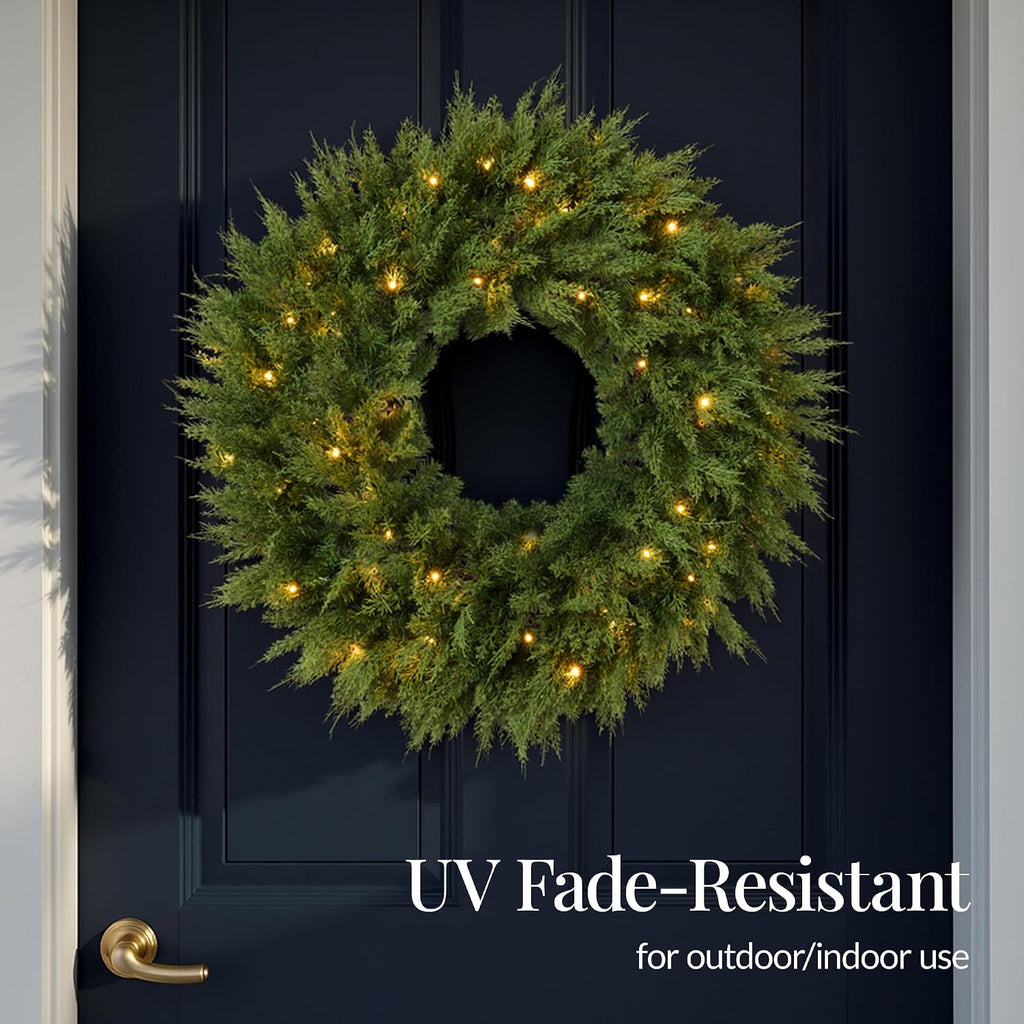 Pre-Lit Cedar Cypress Christmas Wreath w/Twinkling LEDs, 30in Realistic Large Indoor/Outdoor Holiday Decor for Door