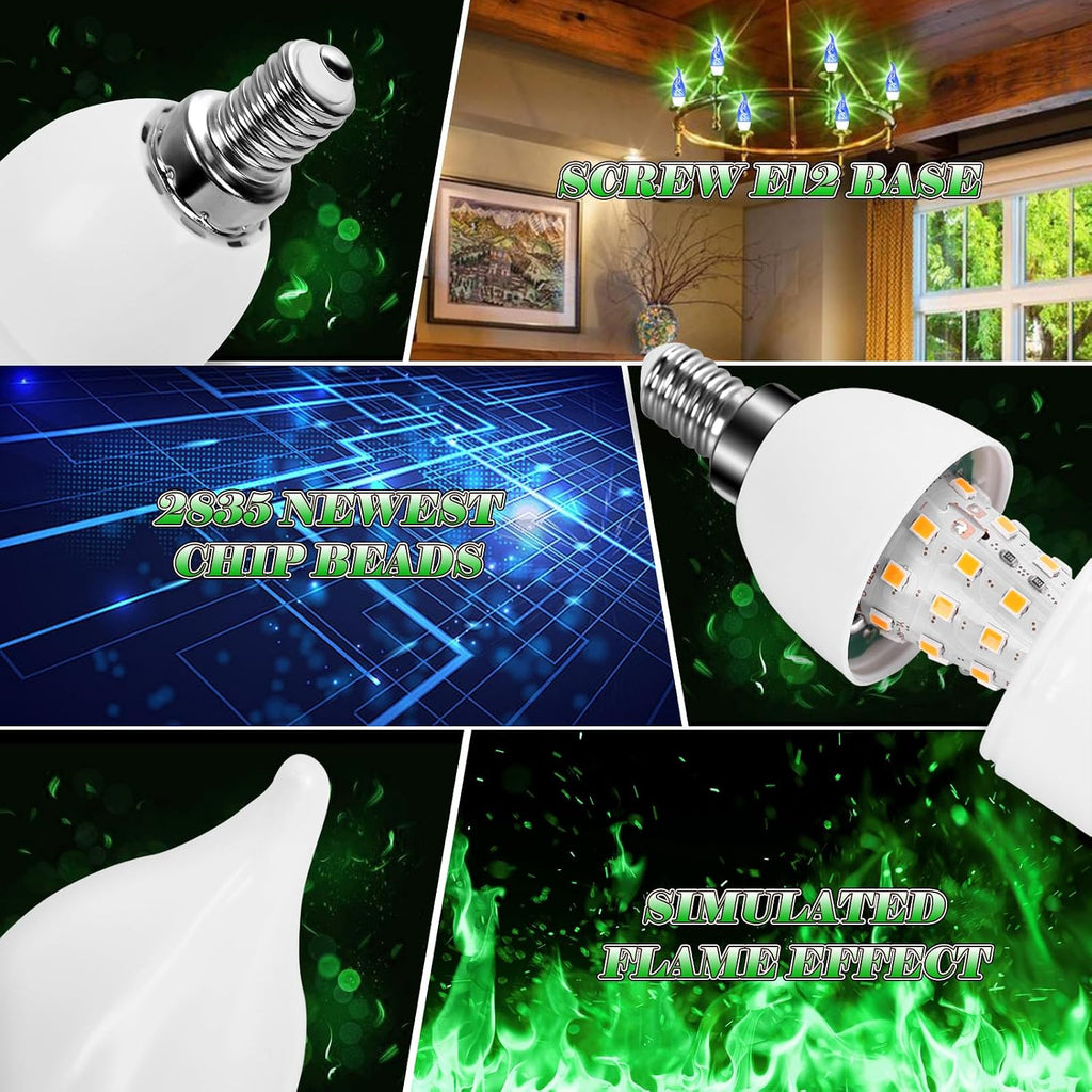 E12 LED Flickering Candelabra Flame Effect Light Bulbs - Green