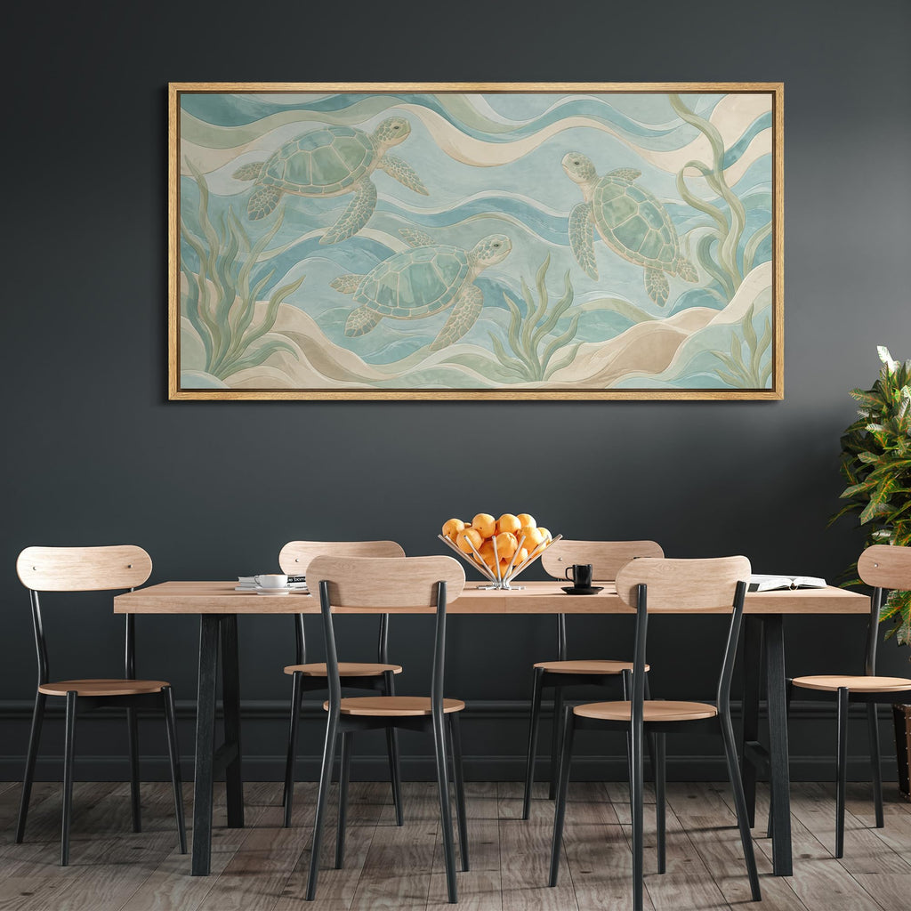 Extra Large Framed Canvas Print Wall Art Coastal Teal Sea Turtle Ocean Wave Retro Fine Art Illustrations Decorative