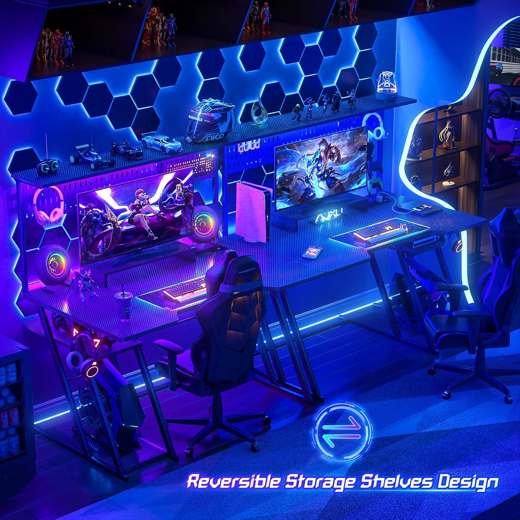 Gaming Computer Desk with Shelves and Outlets, Gaming Desk with Hutch and LED Lights, Reversible PC Gaming Desks with