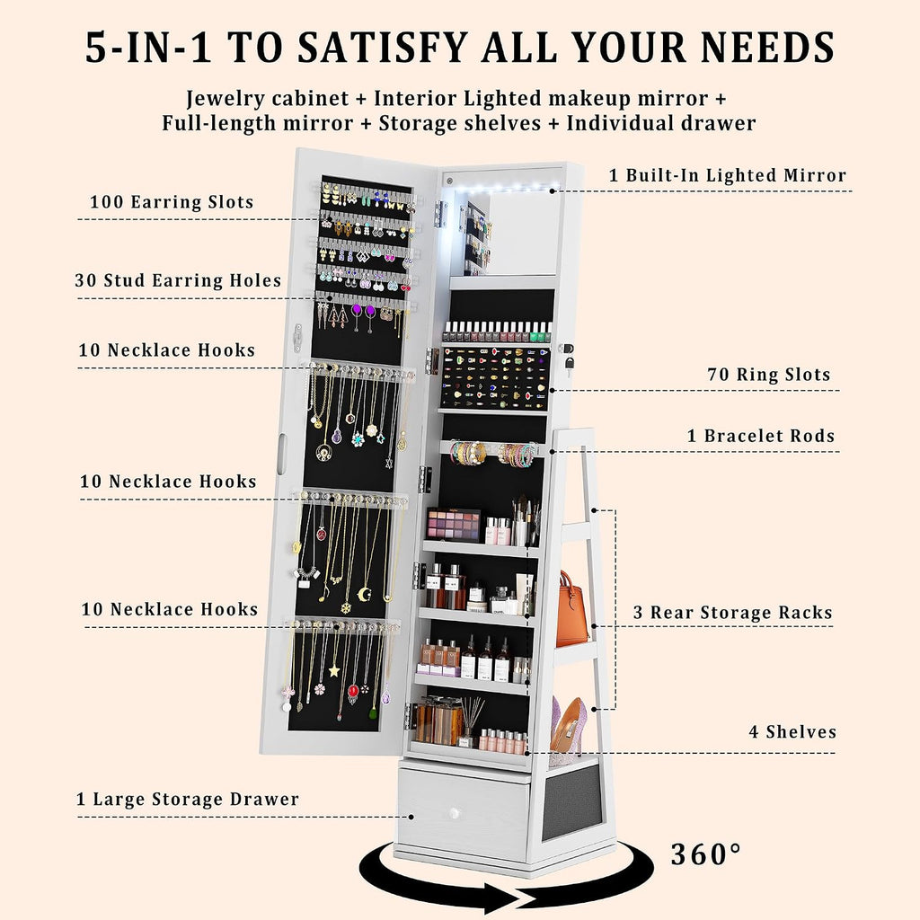 360° Swivel Jewelry Armoire With Drawer, Full Length Mirror, White