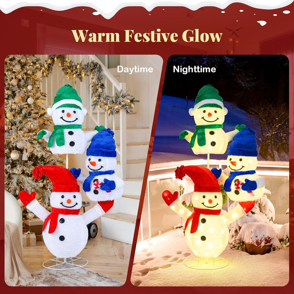5 FT Christmas Lighted 3 Stacked Snowman, 3D Xmas Light-up Snowman