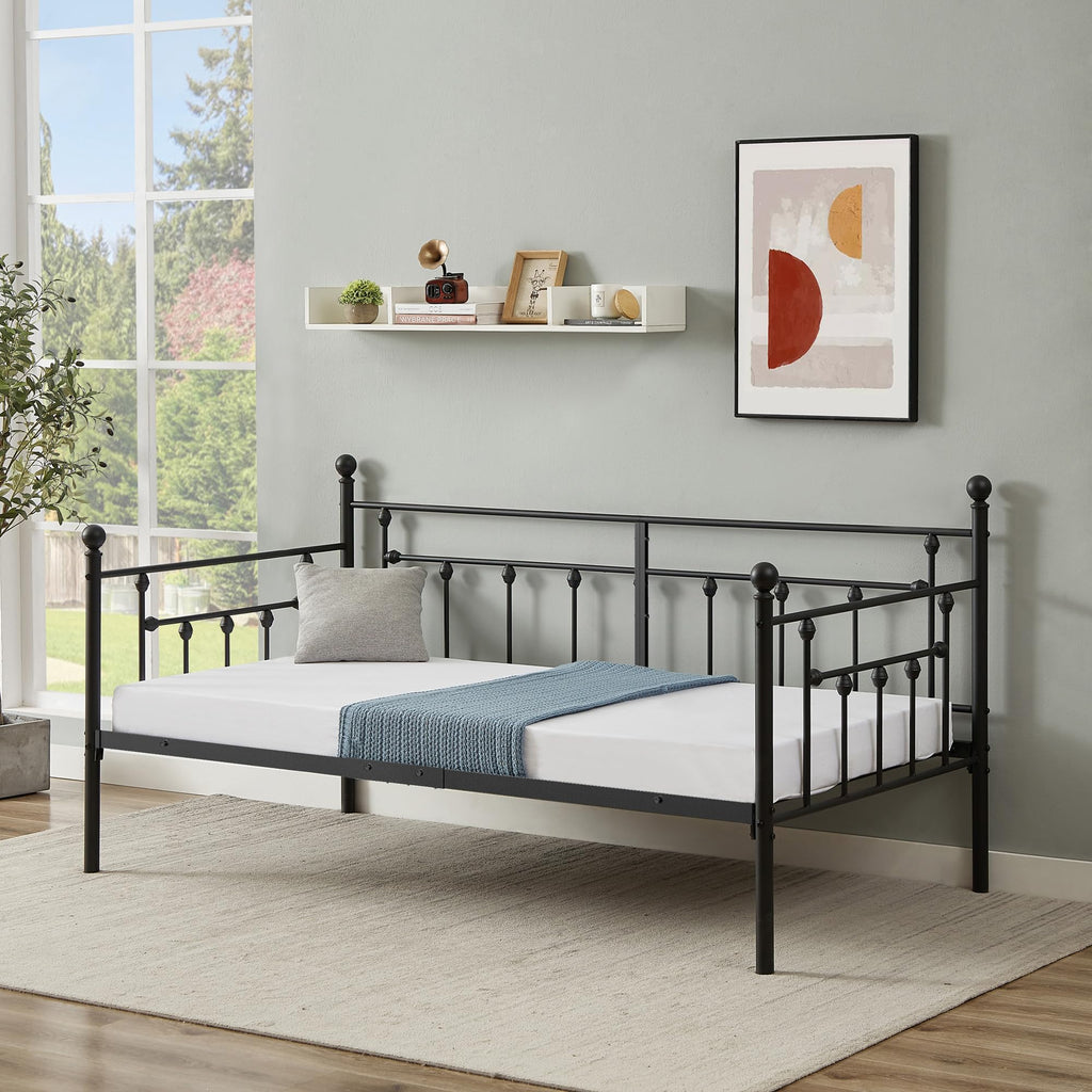 Daybed Frame, Twin Size Metal Platform Bed with Headboard, Heavy Duty Steel Slats Support Bedroom Guest Room, Easy